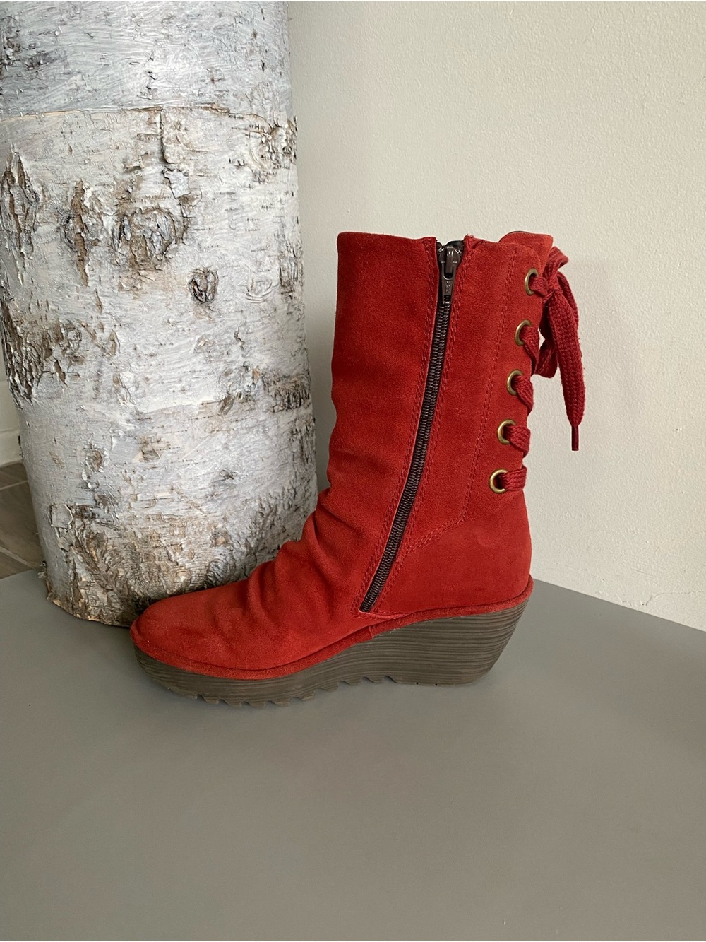 Fly London Yada Red Suede Wedge Mid Calf Boots Lace Up Back Sz 39/ 8.5 - Picture 9 of 14